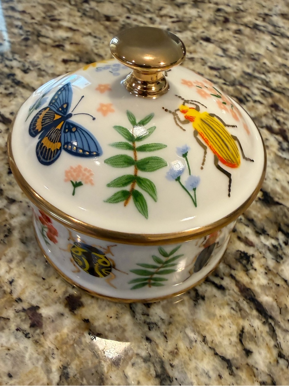 Rifle Paper Co. round porcelain butterfly floral multicolored box gold tone trim